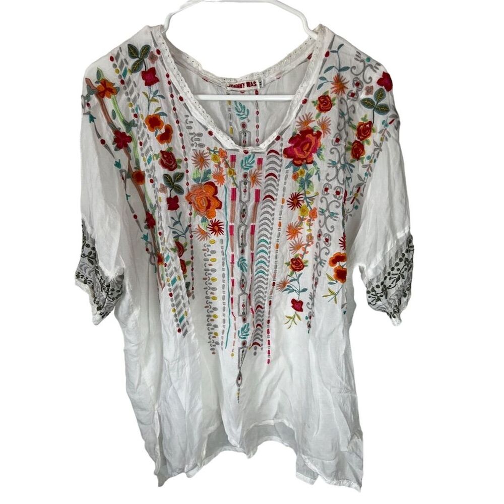 Johnny Was White Tunic with Multicolor Floral Embroidery